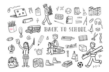 Large set of school icons. Back to school. Doodle style. Good for textile fabric design, wrapping paper, banner, posters, cards, stickers, professional design. Hand drawn