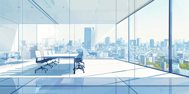 A minimalist office setting with a glass-walled conference room overlooking a bustling cityscape.