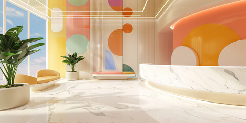 A corporate reception area with a curved, white marble reception desk and a wall adorned with colorful company logos.