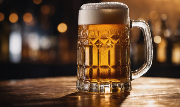 A glass of beer sits on a wooden bar counter in a dimly lit bar