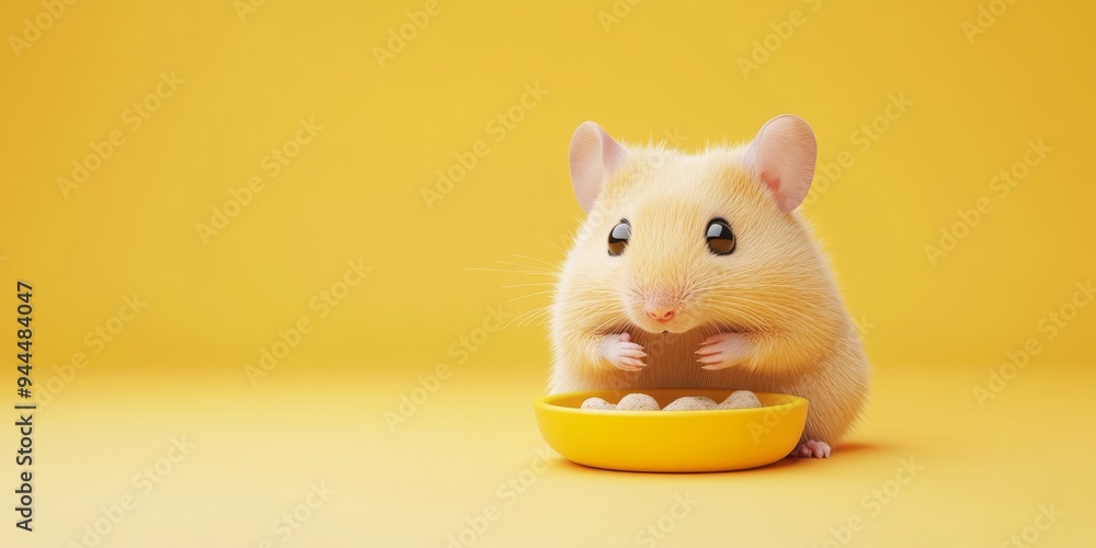 Poster a 3d icon of a hamster eating from a small dish depicted in a minimalistic cartoon style with smooth