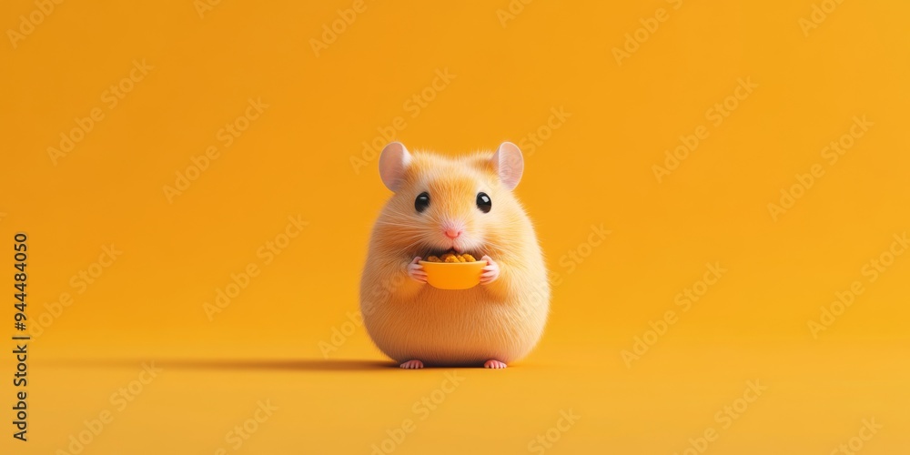 Poster a 3d icon of a hamster eating from a small dish depicted in a minimalistic cartoon style with smooth