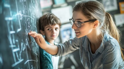Young female teacher guiding a student in solving math problems on a classroom chalkboard, emphasizing education, learning, and mentorship in an engaging and interactive environment