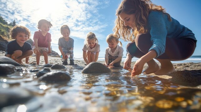 Children exploring nature with a teacher by the seaside on a sunny day, engaging in playful learning and discovery.