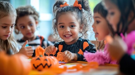 Fototapeta premium Joyful children celebrating Halloween with crafts and costumes at a festive party