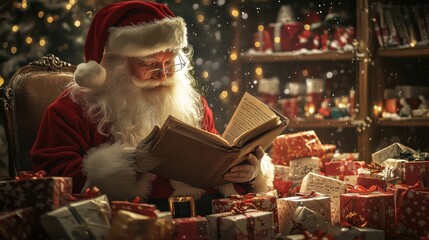 Cozy image of Santa Claus reading in his workshop surrounded by gifts and a festive Christmas atmosphere, embodying the magic of the holiday season.