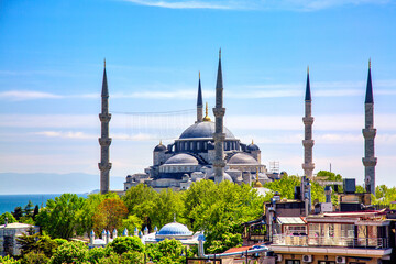 Aerial view of Blue Mosque or Sultanahmet Mosque in Istanbul, Turkiye