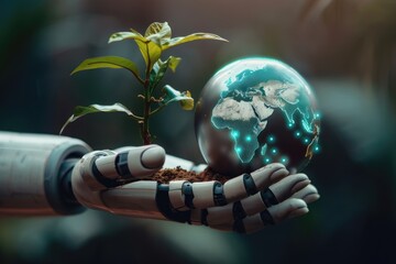 Robotic Hand Holding a Globe and a Sprout