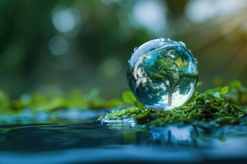 Glass Globe with Tree Reflection Resting on Moss in Water