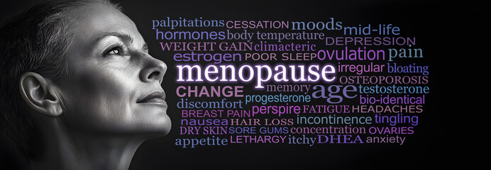 Oh the many joys of Menopause Word Cloud - 50 year old woman looking into the distance beside a word cloud relevant to the Menopause on a dark background
