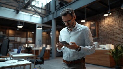 Business professional using digital tablet in modern office environment during workday