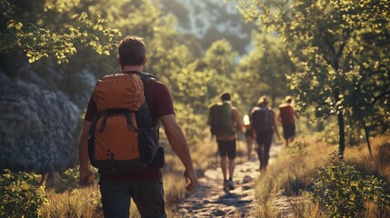 Group of hikers with backpacks walking through a scenic forest trail on a sunny day, experiencing adventure and nature exploration.