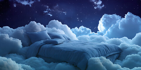 For a good night's sleep you need a quality bed and cotton linen - large double bed with luxurious bed linen floating on a bed of fluffy clouds with dark blue starry night in backgorund and copy space
