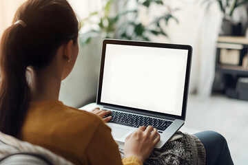 Young woman using laptop computer at home. Blank empty white screen mock up. Freelance, student lifestyle, education, web conference, video call, technology and online shopping concept