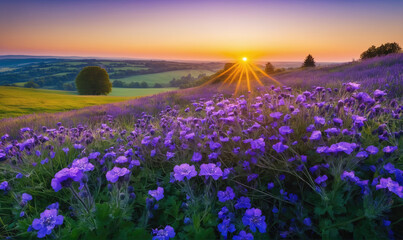 A field of purple wildflowers blooms at sunrise, with a lone tree in the distance and a golden glow over the horizon © Miklos