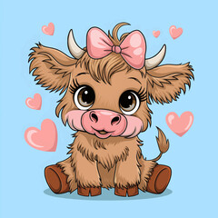 A cartoon illustration of a baby Highland cow sitting down © Erkan