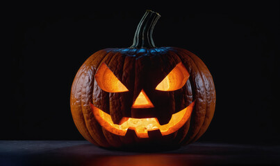 Obraz premium A carved pumpkin with a lit candle inside sits on a dark surface