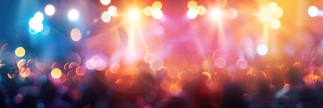 Audience in front of vibrant stage lights with a blurred backdrop