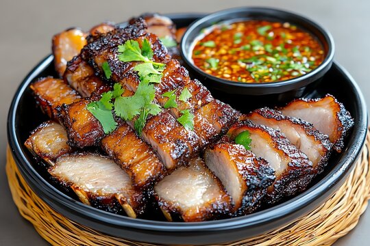 A dish of Moo Tod Krob, crispy pork belly slices served with a spicy, tangy dipping sauce
