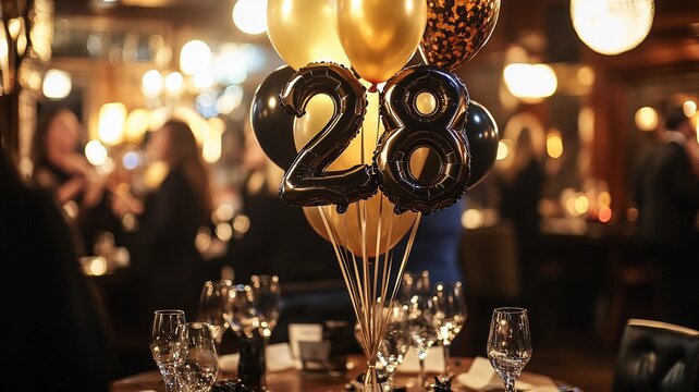 An elegant 28th birthday celebration featuring a bunch of sparkling balloons with bokeh lights in the background, creating a festive and luxurious atmosphere.