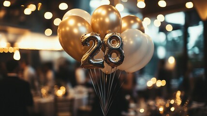 An elegant 28th birthday celebration featuring a bunch of sparkling balloons with bokeh lights in the background, creating a festive and luxurious atmosphere.