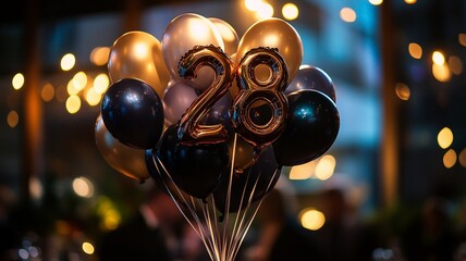 An elegant 28th birthday celebration featuring a bunch of sparkling balloons with bokeh lights in the background, creating a festive and luxurious atmosphere.