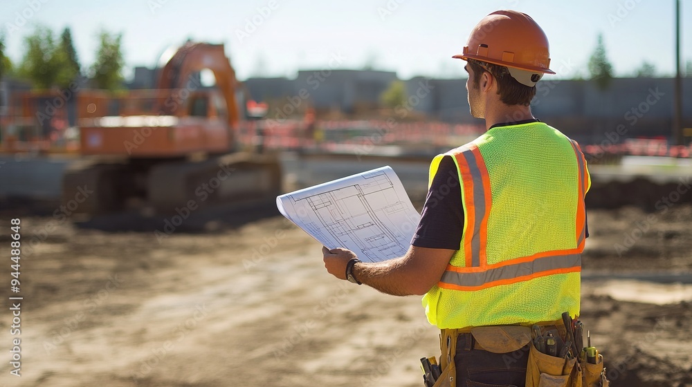 Poster a site supervisor in a reflective vest holding blueprints and inspecting the progress of a construct