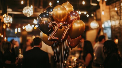 An elegant 27th birthday celebration featuring a bunch of sparkling balloons with bokeh lights in the background, creating a festive and luxurious atmosphere.