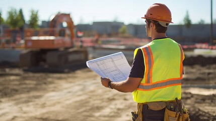 A site supervisor in a reflective vest holding blueprints and inspecting the progress of a construction project