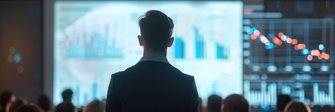 Business Executive Presenting Data to Investors at Corporate Event with Graphs Illustrating Sales Figures, Revenue Growth, and E-commerce Strategy on Projector Screen