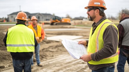 A site supervisor in a reflective vest with blueprints directing workers at a construction site