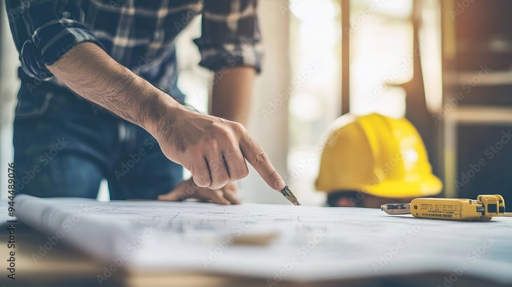 Poster a site supervisor pointing at blueprints while discussing plans with a construction worker on-site