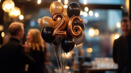 An elegant 26th birthday celebration featuring a bunch of sparkling balloons with bokeh lights in the background, creating a festive and luxurious atmosphere.
