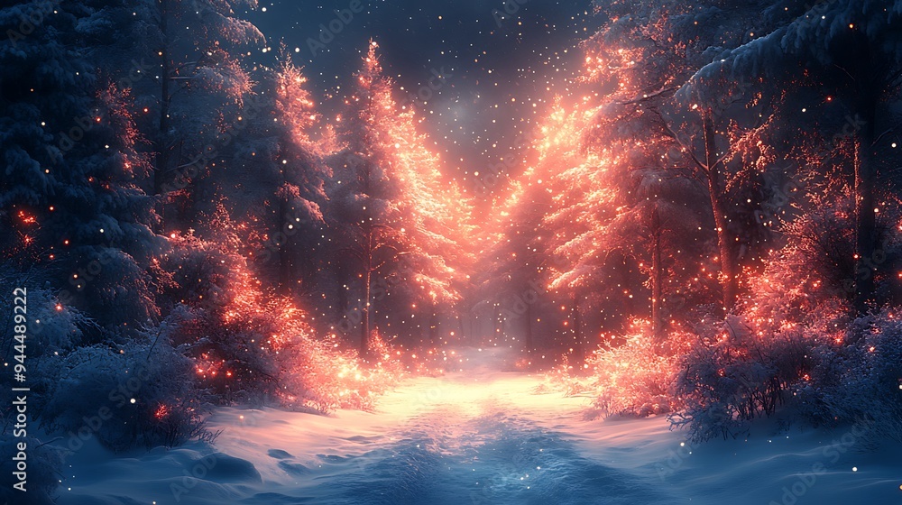 Poster a snowy forest path illuminated by glowing trees at night, creating a magical and mystical atmospher