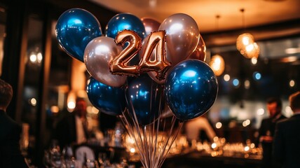An elegant 24th birthday celebration featuring a bunch of sparkling balloons with bokeh lights in the background, creating a festive and luxurious atmosphere.