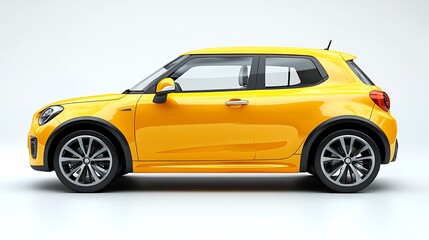 Obraz premium Yellow modern compact car, side view, isolated on white background.