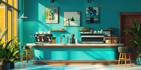 Bold Turquoise and Teal Abstract of a Hip European Espresso Bar