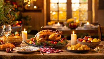 Fototapeta premium A rustic kitchen glows warmly at sunset; a Thanksgiving feast, candlelit table, rich textures, and vintage charm create an inviting, cozy atmosphere.