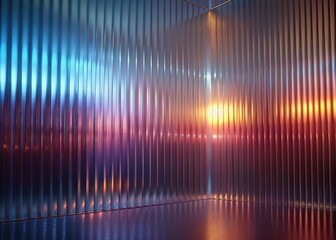 Reeded Glass. Bright translucent overlay on futuristic material. Colored Ribbed Background. Neon lines on transparent background for pattern. Blue, Purple, Yellow, Green, Pink and Violet.