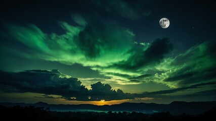 green themed dramatic clouds in night sky with stunning moon background