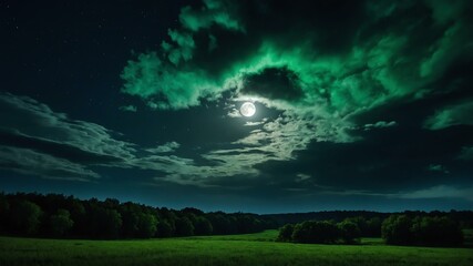 Naklejka premium green themed dramatic clouds in night sky with stunning moon background