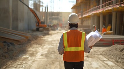 A site supervisor with blueprints in hand walking through a construction site