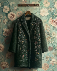 green coat on floral wallpaper background