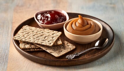 Traditional Norwegian brunost (brown cheese) served with crispbread and fruit preserves