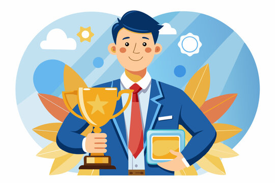 Employee of the month award winner, high performance champion, gold medal reward, success or victory recognition prize, leadership or achievement concept, success businessman holding trophy badge.
