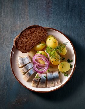 Plate of Norwegian pickled herring (sild) with onions and potatoes, served with rye bread