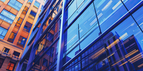 Obraz premium A close-up of a modern office building façade in New York, reflecting the bustling city life with its glass and steel structure