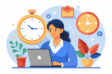 Part-time job, work tracking system, day planning or time management, side hustle or office work deadline, start and end time schedule concept, businesswoman working with laptop on split time clock. 
