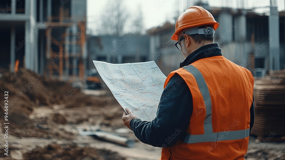 Poster a site surveyor examining topographic maps and notes while standing on a construction site