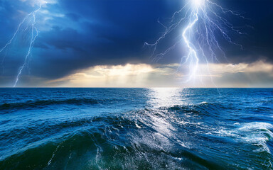 lightning over the sea in detail